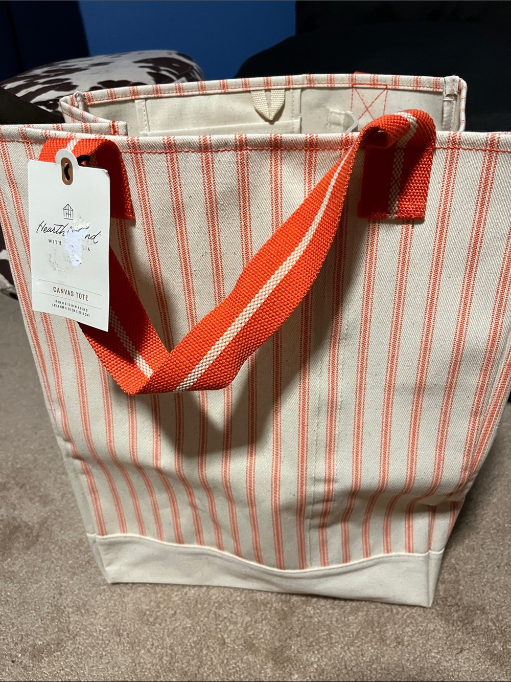 Hearth and Hand Canvas Tote Bag with Coral Stripe and Handles - Picture 2 of 11